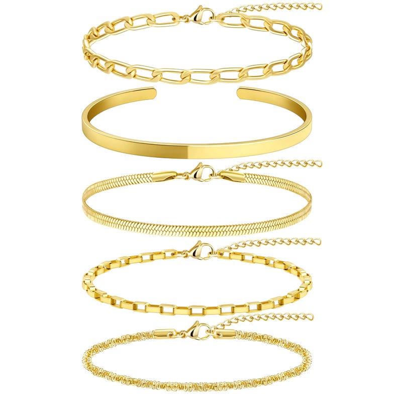 WomenGifts Chunky Gold Bracelets for Women Waterproof, Stack Bracelet Set Layered Chunky Bangle, Box Link, Paperclip, Herringbone, Sparkling Chain, Adjustable Waterproof Non Tarnish Jewelry Gifts for Women - Image 1