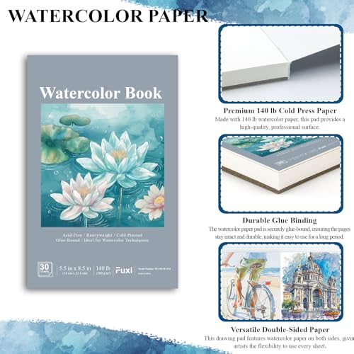 Fuxi Small Watercolor Sketchbook, 2-Pack - 5.5" x 8.5" | 140lb/300gsm Cold Press Watercolor Paper, 30 Sheets Per Pad. - Image 4