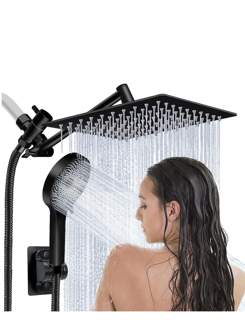 Arabest Shower Head,8”Rain Shower Head with Handheld Spray Combo and Adjustable Extension Arm/3-Way Flow Regulator/Shower System,High Pressure Rain Fall Hose,Matt Black - Image 1