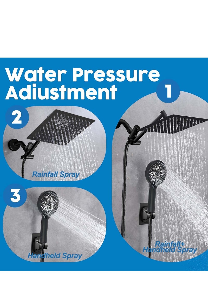 Arabest Shower Head,8”Rain Shower Head with Handheld Spray Combo and Adjustable Extension Arm/3-Way Flow Regulator/Shower System,High Pressure Rain Fall Hose,Matt Black - Image 2
