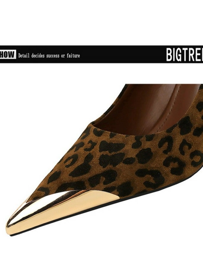 BIGTREE Women's Elegant Metal Toe Party Stiletto Pumps Suede Pointed Closed Toe High Heels 9.5CM Leopard Print - Image 4