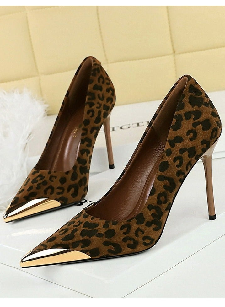 BIGTREE Women's Elegant Metal Toe Party Stiletto Pumps Suede Pointed Closed Toe High Heels 9.5CM Leopard Print - Image 1
