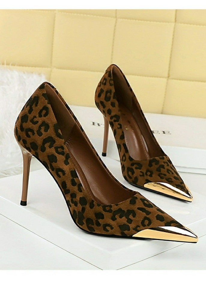 BIGTREE Women's Elegant Metal Toe Party Stiletto Pumps Suede Pointed Closed Toe High Heels 9.5CM Leopard Print - Image 2
