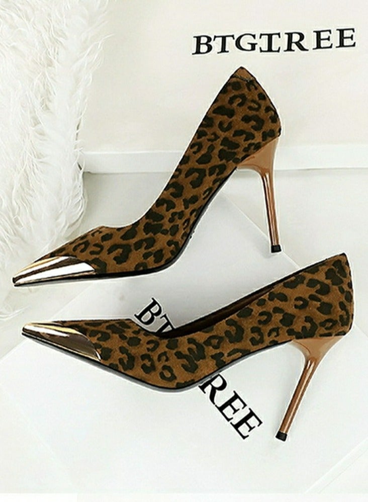 BIGTREE Women's Elegant Metal Toe Party Stiletto Pumps Suede Pointed Closed Toe High Heels 9.5CM Leopard Print - Image 3