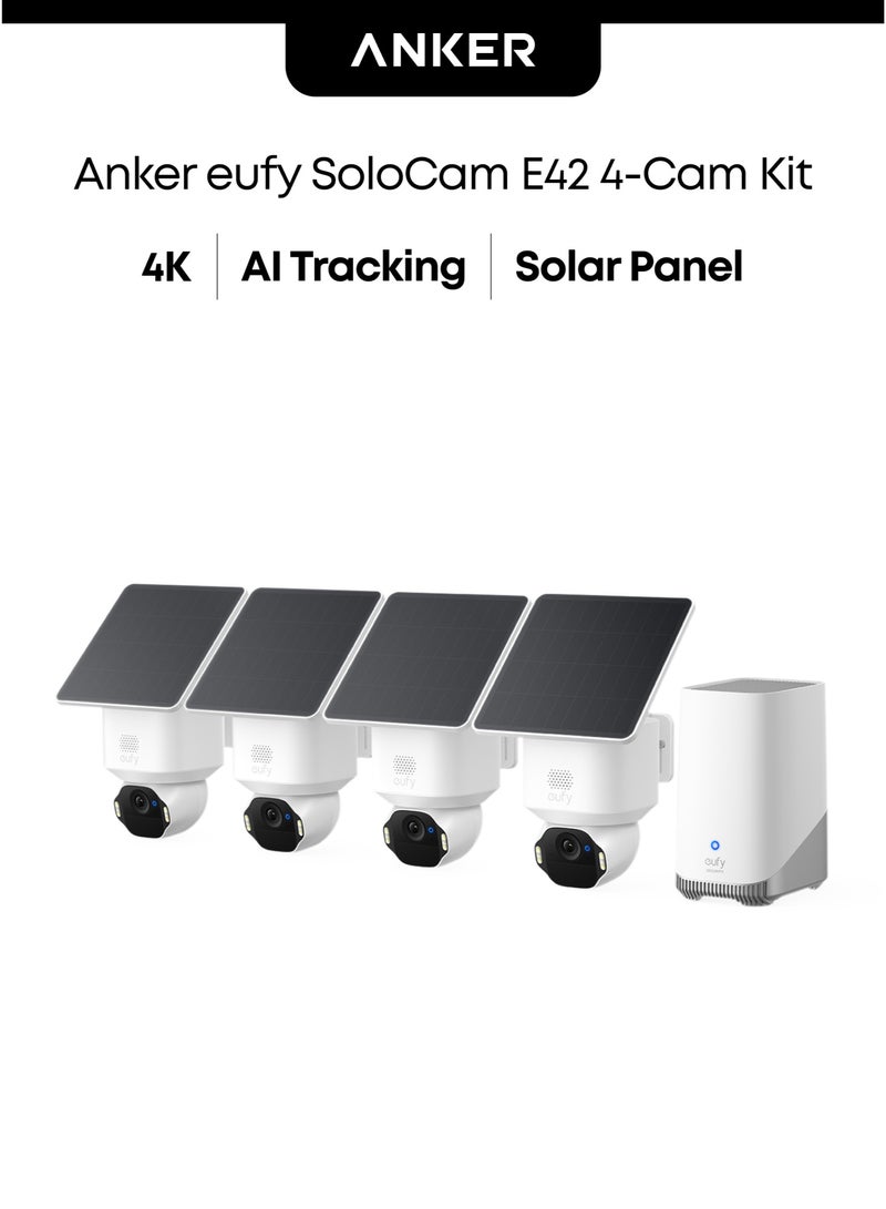 eufy Security SoloCam E42 4-Cam Kit (HomeBase S380), 4K Security Camera Wireless Outdoor, Solar Powered, AI Motion Tracking, Strobe Light, Pan & Tilt, Facial Recognition - Image 1
