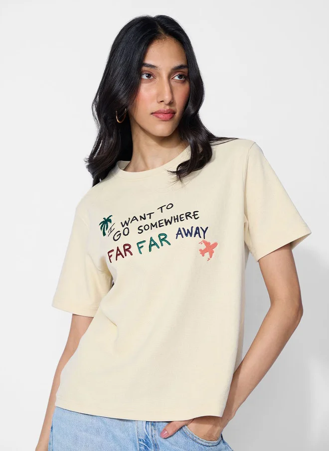 ذا سوليد ستور Cream Typography Embroidered Relaxed Fit T-Shirt for Women