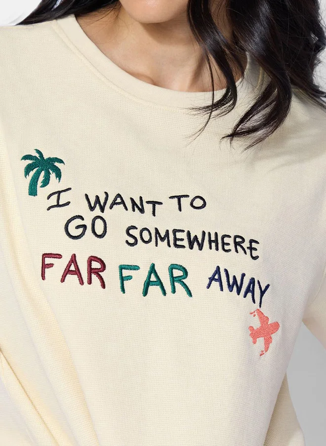 ذا سوليد ستور Cream Typography Embroidered Relaxed Fit T-Shirt for Women