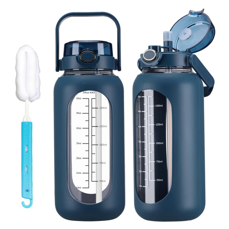 chunmo 64oz Glass Water Bolttles with Straw Half Gallon Large Motivational Water Bottle with Time Marker Sports Water Bottles with Silicone Sleeve and Handle Lid Water Jug for Gym Workout