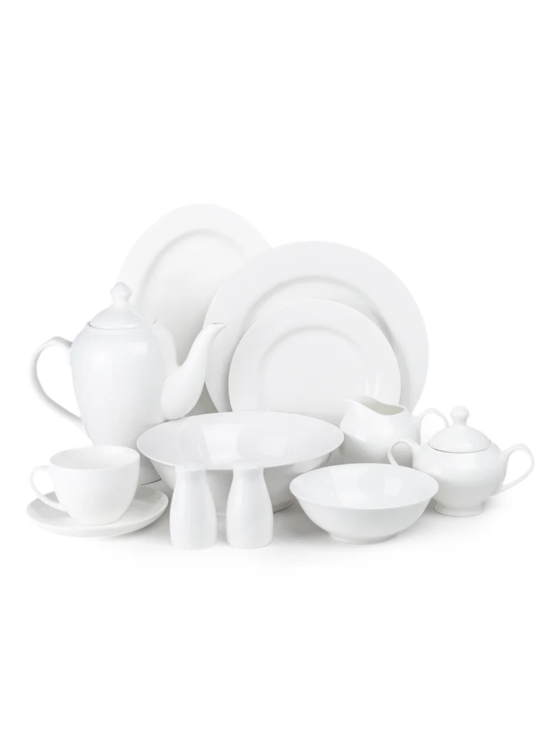 Shallow Shallow 47-Piece Bone China Dinnerware Set White Dinner Set for 8 | Dinner Plates, Dessert Plates Tea Cups Saucers Bowls Salad Bowl Oval Platter Tea Pot Sugar Pot Creamer Salt & Pepper Shakers