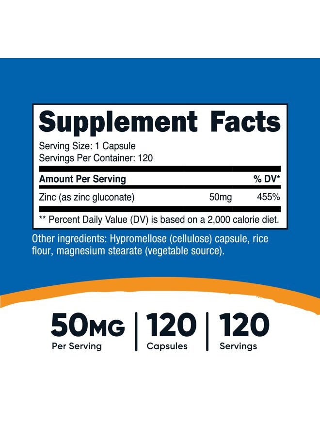 Nutricost زنك غلوكونات 120 كبسولة نباتية (50 ملغ) - خالي من الغلوتين وغير معدل وراثيًا - Image 2