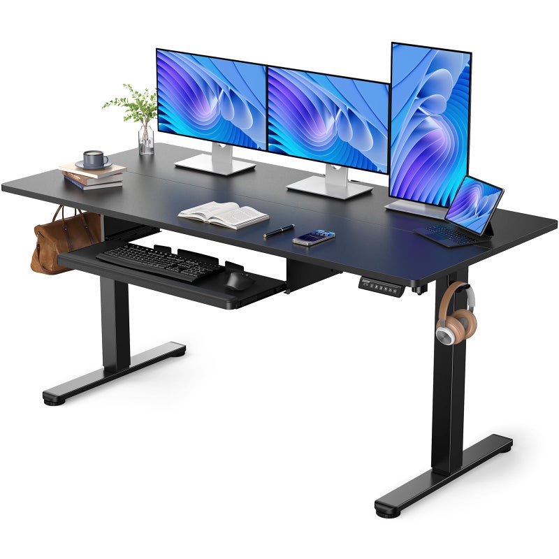 مكتب كهربائي قائم كبير من ErGear مع صينية لوحة المفاتيح 63x28 بوصة قابل للتعديل الارتفاع مكتب جلوس ووقوف مكتب منزلي محطة عمل كمبيوتر باللون الأسود