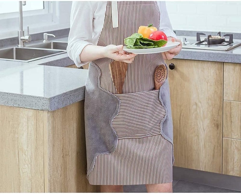 ALKAYAN Bib Apron with 2 Pockets, Adjustable Kitchen Aprons Side Wipe Hands Coral Vel... - Image 3