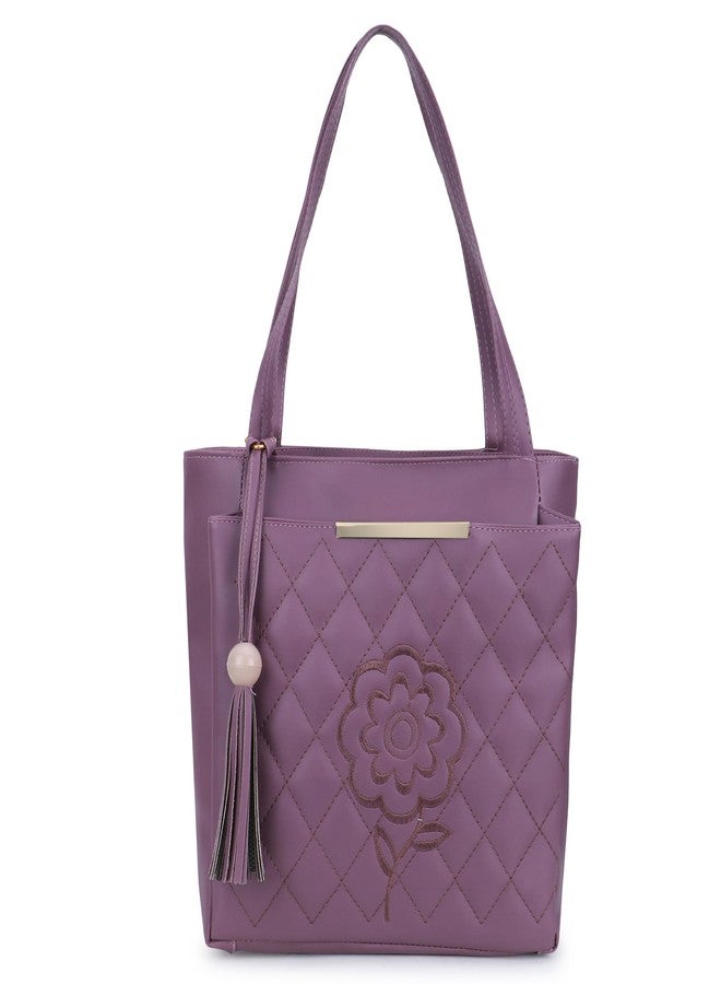Nexeura Women Faux Leather Handbag | Stylish Shoulder Bag for Girls | Quilted Tote Purse with Flower Design | Trendy Office Bag | Ladies Large Capacity Handbag with Tassel (PURPLE) - Image 1