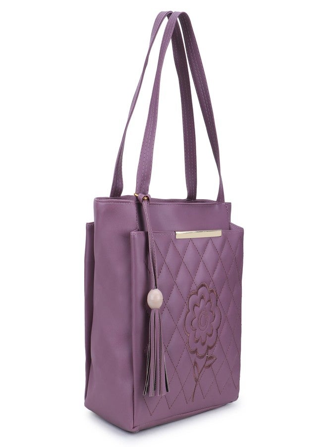 Nexeura Women Faux Leather Handbag | Stylish Shoulder Bag for Girls | Quilted Tote Purse with Flower Design | Trendy Office Bag | Ladies Large Capacity Handbag with Tassel (PURPLE) - Image 2