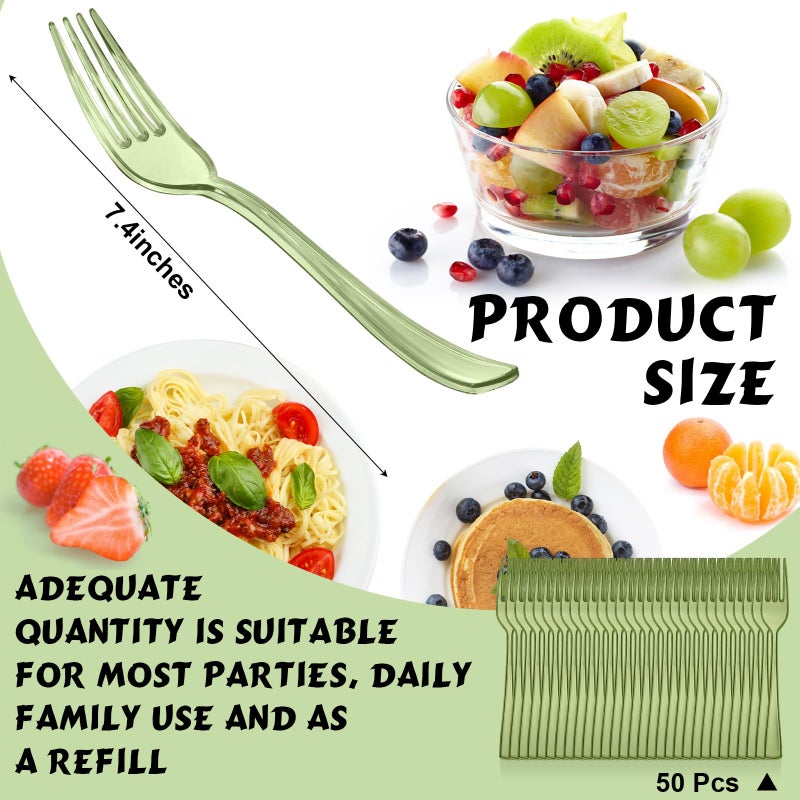 Minatee 50 Pcs Plastic Forks Disposable Cutlery Heavy Duty Dinnerware Plastic Silverware Flatware for Parties Supplies Dessert Picnics Holiday House(Sage Green) - Image 2