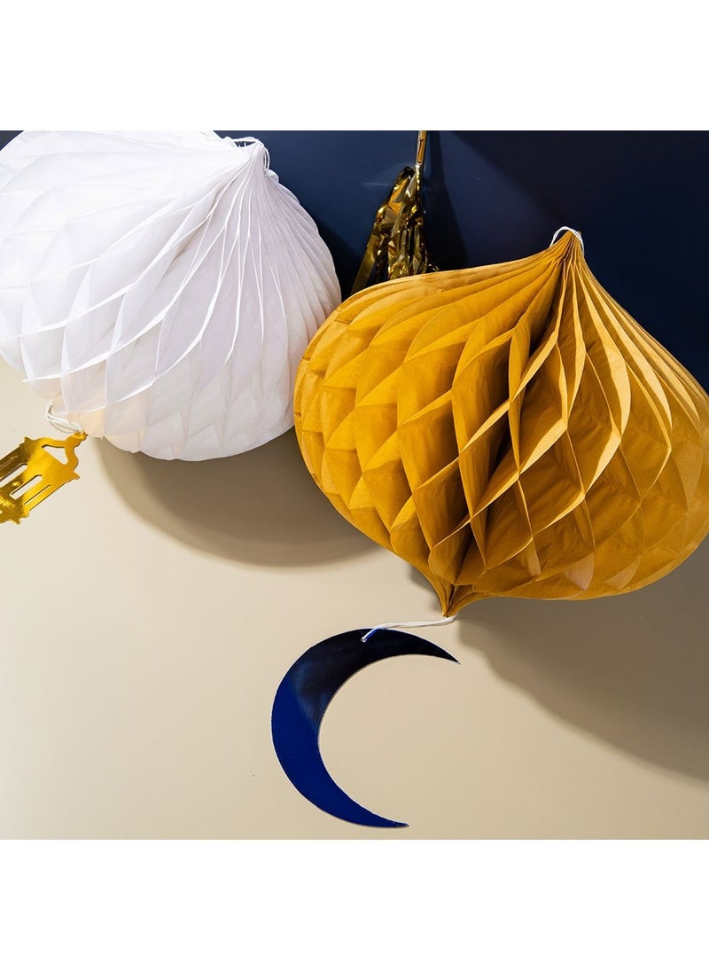 Folat Eid Mubarak Hanging Honeycombs Blue Gold White Paper 30cm 3-Pack - Image 2