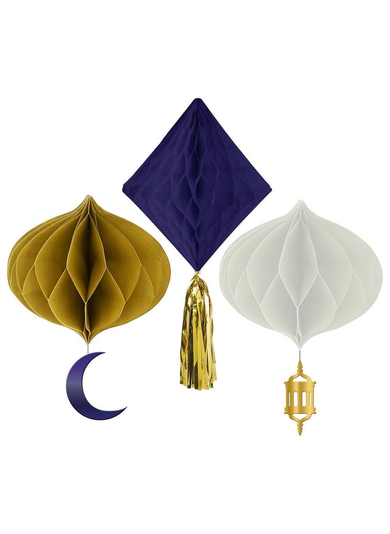 Folat Eid Mubarak Hanging Honeycombs Blue Gold White Paper 30cm 3-Pack - Image 1