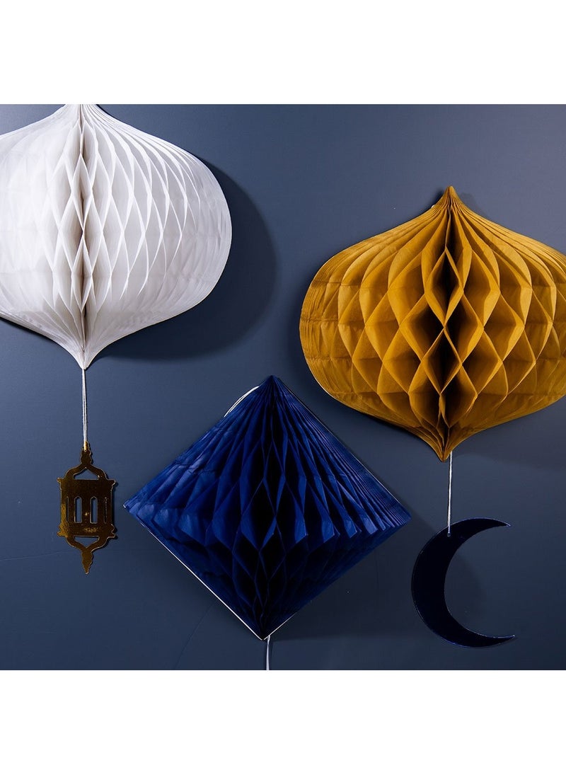 Folat Eid Mubarak Hanging Honeycombs Blue Gold White Paper 30cm 3-Pack - Image 3