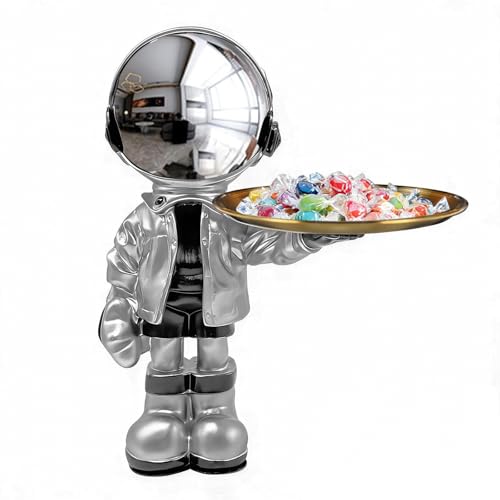 Dosker Astronaut Statues with Candy Dish & Key Dish,Spaceman Sculpture Polyresin Arts Gifts,Figurine Ornament Room Decor for Men,Tabletop Decoration for Living Room, Office, Entryway(Silver) - Image 1