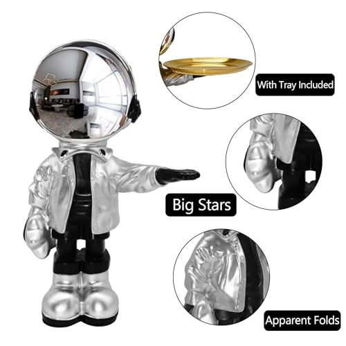 Dosker Astronaut Statues with Candy Dish & Key Dish,Spaceman Sculpture Polyresin Arts Gifts,Figurine Ornament Room Decor for Men,Tabletop Decoration for Living Room, Office, Entryway(Silver) - Image 4