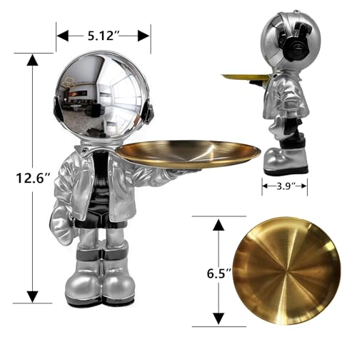 Dosker Astronaut Statues with Candy Dish & Key Dish,Spaceman Sculpture Polyresin Arts Gifts,Figurine Ornament Room Decor for Men,Tabletop Decoration for Living Room, Office, Entryway(Silver) - Image 2