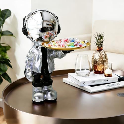 Dosker Astronaut Statues with Candy Dish & Key Dish,Spaceman Sculpture Polyresin Arts Gifts,Figurine Ornament Room Decor for Men,Tabletop Decoration for Living Room, Office, Entryway(Silver) - Image 5