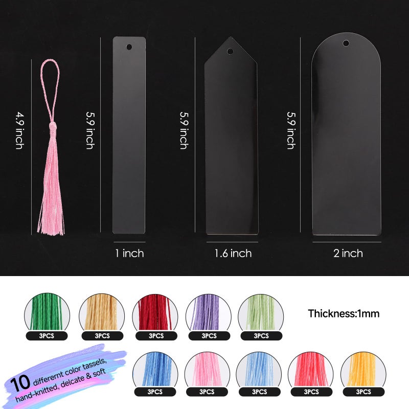 Yesweety Acrylic Bookmark Blanks Bulk,30PCS Clear Acrylic Bookmarks with 30PCS 10 Color Tassels, Rectangle Semicircle Clear Bookmarks for DIY Craft Hanging Gift Tags - Image 2
