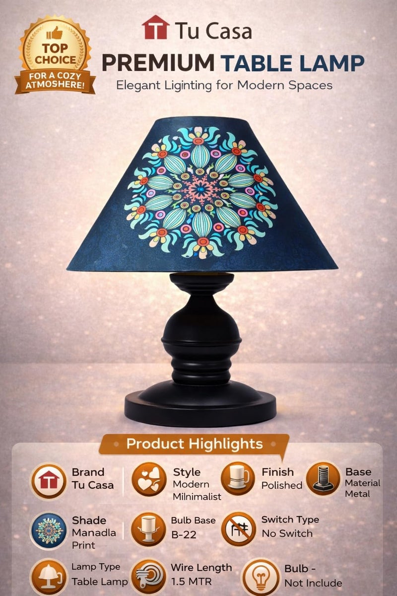 tu casa Urban Radiance Table Lamp | Black Metal Base | French Floral Print Satin Shade | Bedside & Study Lamp for Bedroom Living Room Office | Home Décor & Gifting | H-10 Inch (No Bulb) - Image 3