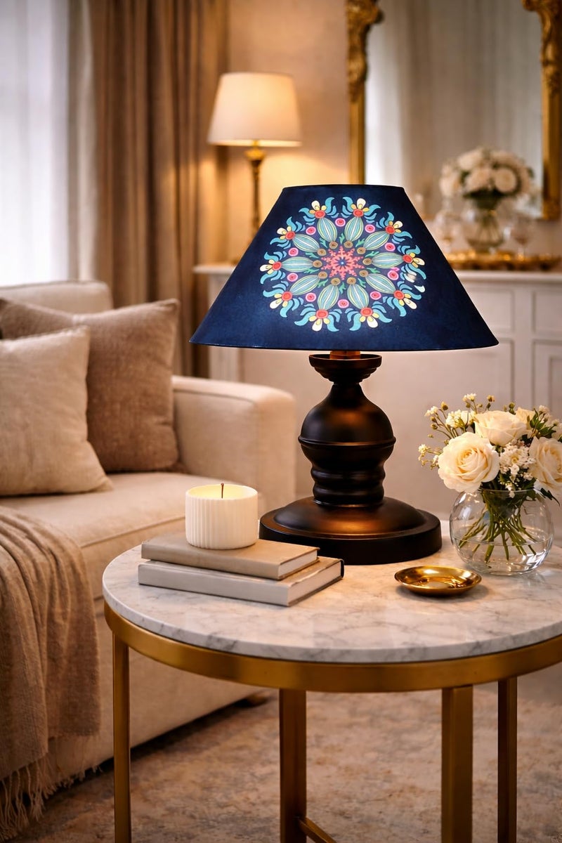 tu casa Urban Radiance Table Lamp | Black Metal Base | French Floral Print Satin Shade | Bedside & Study Lamp for Bedroom Living Room Office | Home Décor & Gifting | H-10 Inch (No Bulb) - Image 1