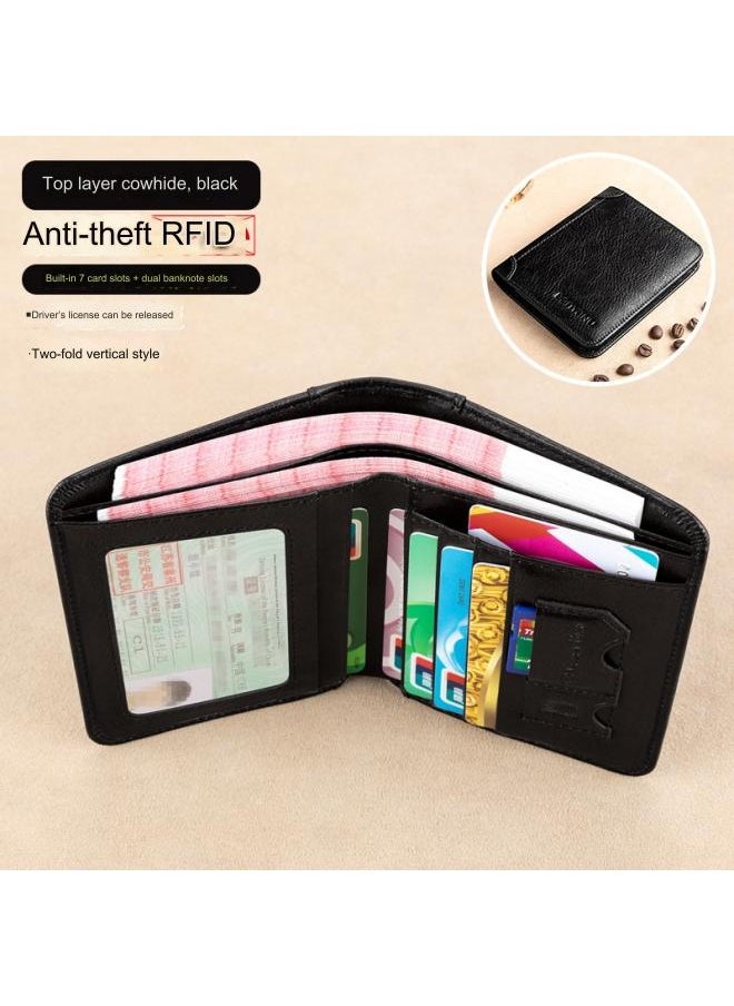 بانيانو محفظة رجالية من الجلد الطبيعي RFID مضادة للسرقة، محفظة رأسية من جلد البقر من الطبقة الأولى باللون الأسود  - Image 1