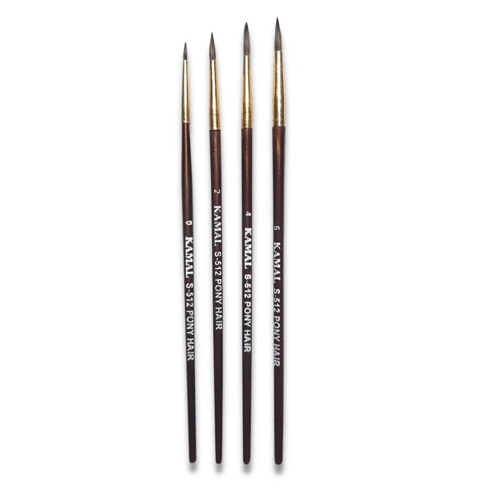 KAMAL® Round Natural Pony Hair Non - Synthetic Set of 4 Paint Brushes for Artists or Students Suitable for Oil, Nail, Artist Acrylic Painting Handle - Brown Colour Handle