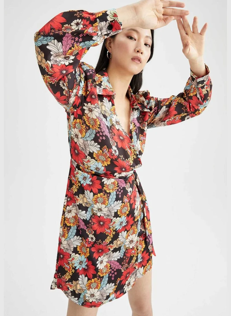 DeFacto A Cut Long Sleeve Floral Print Satin Mini Dress