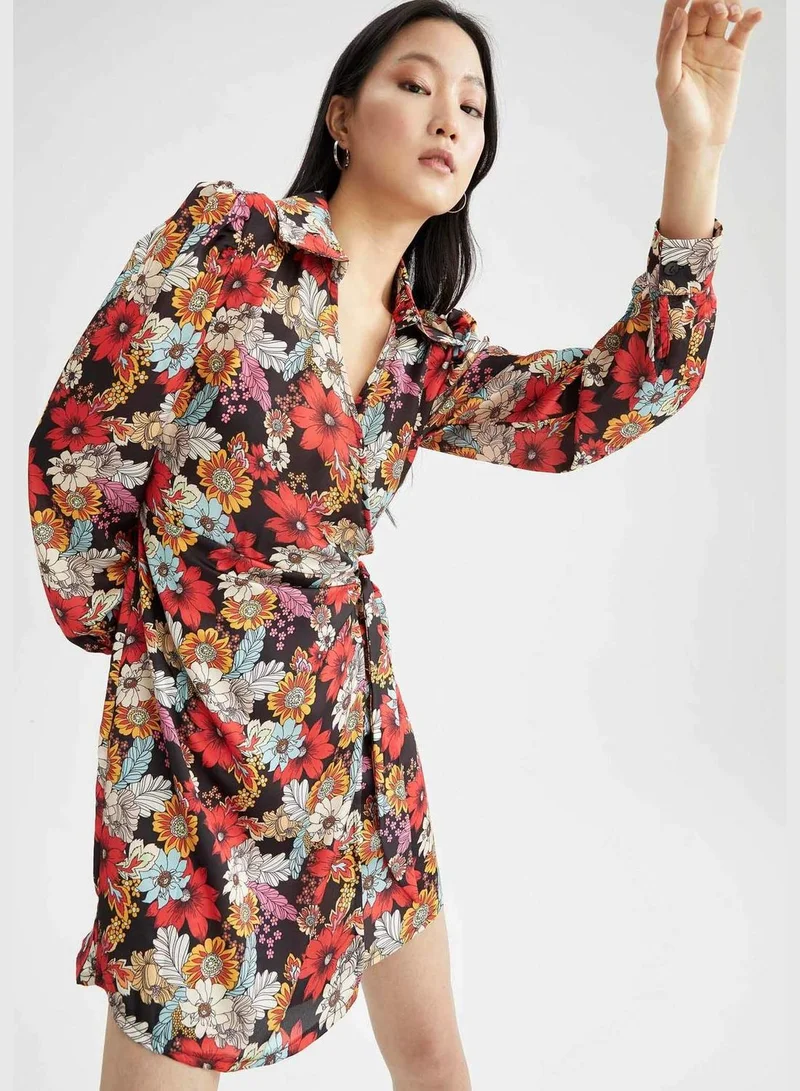 DeFacto A Cut Long Sleeve Floral Print Satin Mini Dress