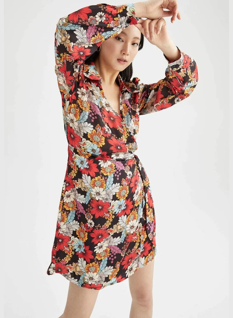 DeFacto A Cut Long Sleeve Floral Print Satin Mini Dress