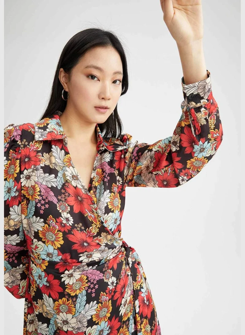DeFacto A Cut Long Sleeve Floral Print Satin Mini Dress