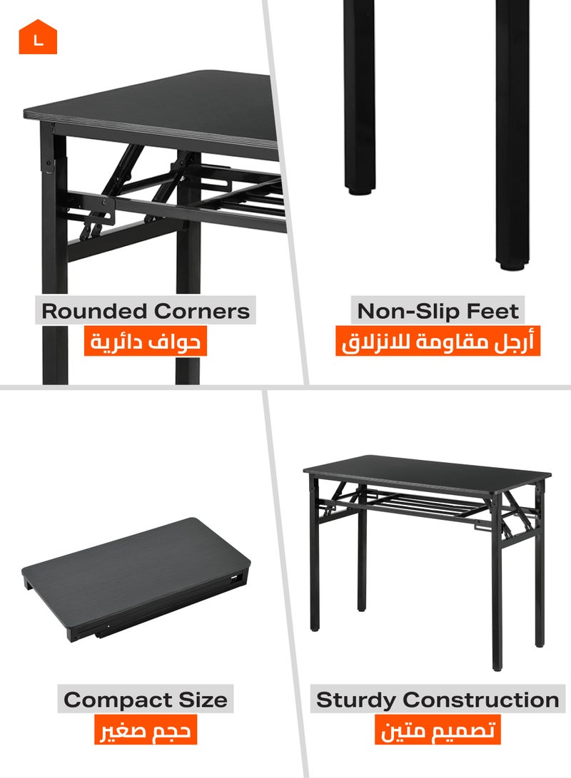 LAWAZIM Folding Table - Double Layer, 100x50cm, Black - Foldable Rectangular Wooden Workstation Desk with Storage Shelf, Iron Frame, No Assembly Required - for Home Office, Study, Dorm, Small Spaces - Image 4