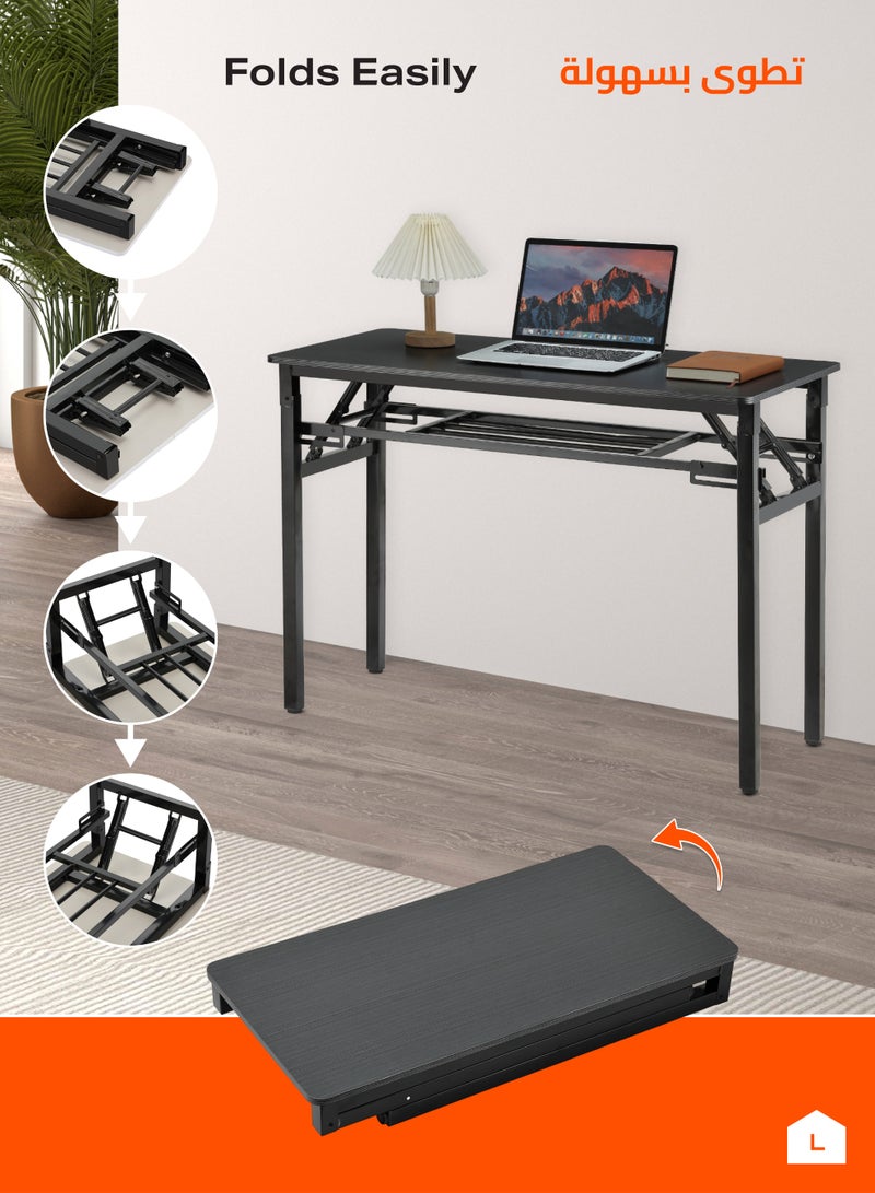 LAWAZIM Folding Table - Double Layer, 100x50cm, Black - Foldable Rectangular Wooden Workstation Desk with Storage Shelf, Iron Frame, No Assembly Required - for Home Office, Study, Dorm, Small Spaces - Image 5