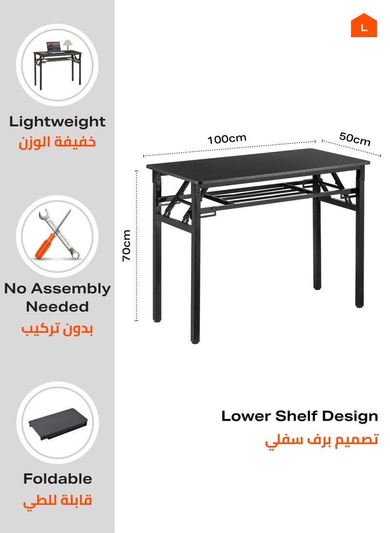 LAWAZIM Folding Table - Double Layer, 100x50cm, Black - Foldable Rectangular Wooden Workstation Desk with Storage Shelf, Iron Frame, No Assembly Required - for Home Office, Study, Dorm, Small Spaces - Image 3