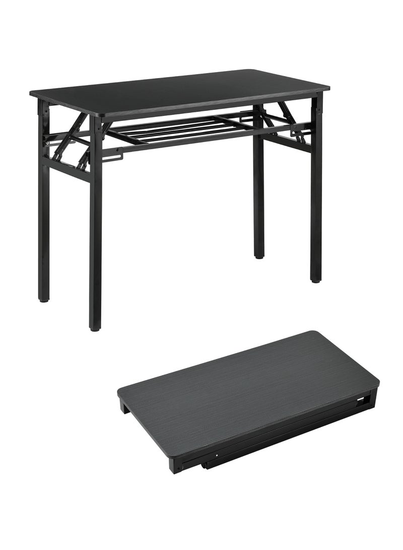 LAWAZIM Folding Table - Double Layer, 100x50cm, Black - Foldable Rectangular Wooden Workstation Desk with Storage Shelf, Iron Frame, No Assembly Required - for Home Office, Study, Dorm, Small Spaces - Image 2