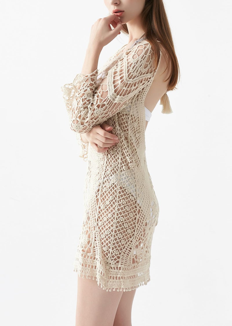 Jeasona Women’s Bathing Suit Cover Up Crochet Lace Bikini Swimsuit Dress (L, Beige) - Image 5