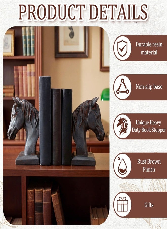 Tosstuki Set of 2 Horse Head Bookends Brown Antique Heavy Duty Book Ends Resin Decorative Art Bookends for Derby Day Vintage Home Office Desk Decoration Horse Lovers Gifts - Image 3