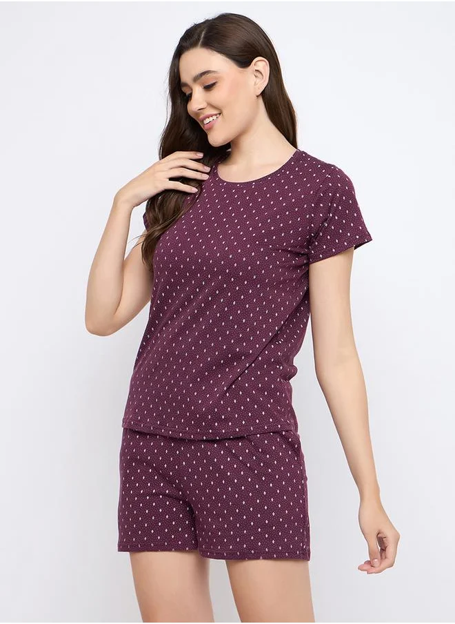 Clovia Printed Round Neck Top and Shorts Pyjama Set by Styli