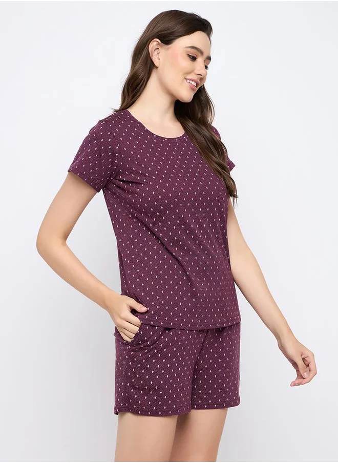 Clovia Printed Round Neck Top and Shorts Pyjama Set by Styli