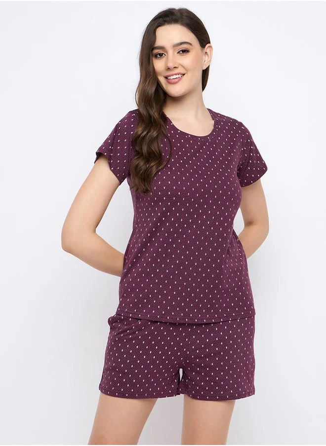 Clovia Printed Round Neck Top and Shorts Pyjama Set