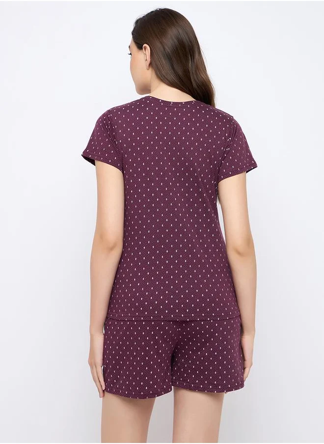 Clovia Printed Round Neck Top and Shorts Pyjama Set by Styli