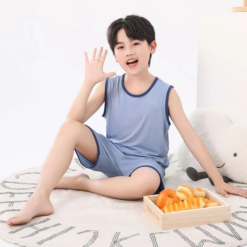 Children'S Modal Vest Suit Big Children'S Home Clothes Pajamas Boys Thin Ice Silk Summer Parent-Child Sleeveless Boys - Image 3