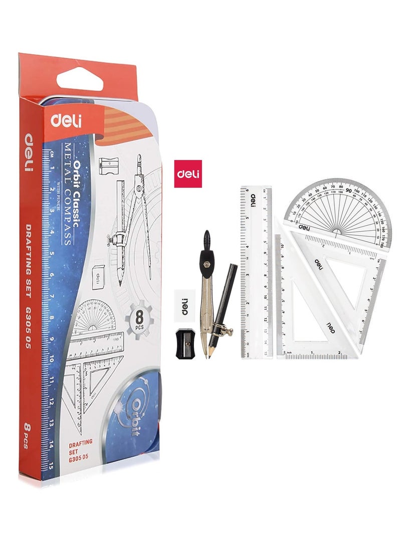 Deli 8-Piece Geometric Drafting Set For School In Metal Box - Image 1