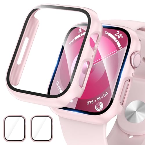 EWUONU 2 Pack Hard PC Case for Apple Watch Series 9 Series 8/7 41mm Screen Protector, EWUONU Tempered Glass Film Hard Bumper Anti-Scratch HD Ultra-Thin Protective Cover for iWatch Series 9/8/7 41mm, Pink - Image 1