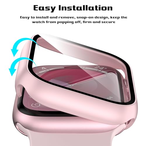 EWUONU 2 Pack Hard PC Case for Apple Watch Series 9 Series 8/7 41mm Screen Protector, EWUONU Tempered Glass Film Hard Bumper Anti-Scratch HD Ultra-Thin Protective Cover for iWatch Series 9/8/7 41mm, Pink - Image 3