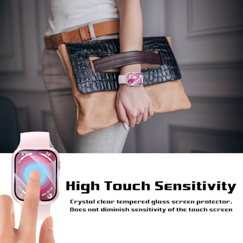 EWUONU 2 Pack Hard PC Case for Apple Watch Series 9 Series 8/7 41mm Screen Protector, EWUONU Tempered Glass Film Hard Bumper Anti-Scratch HD Ultra-Thin Protective Cover for iWatch Series 9/8/7 41mm, Pink - Image 5